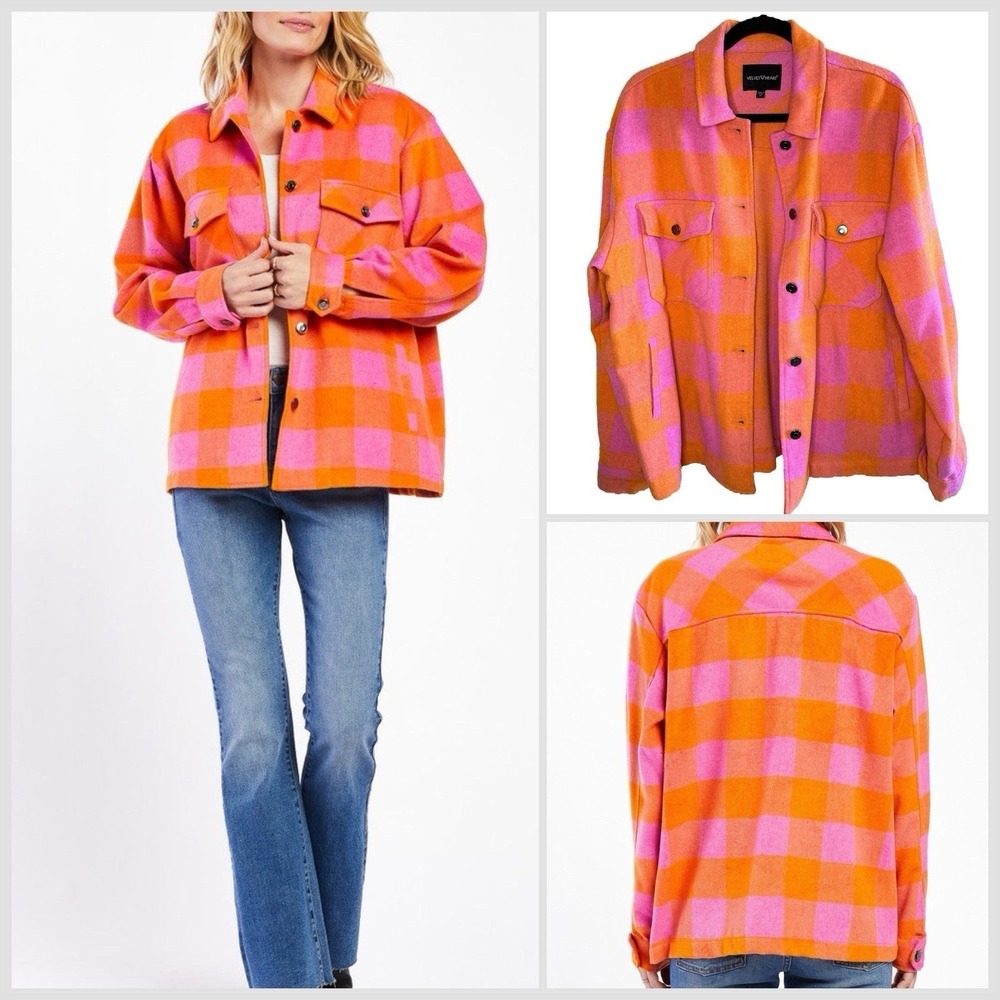 Velvet Heart Sheryl Button Down Plaid Shacket Jacket Size M Pink Orange Flannel